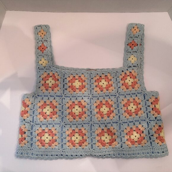 Hand Crafted, Size S, Crochet Top, Slightly Cropped, Blue, Pink and Yellow - Picture 4 of 4